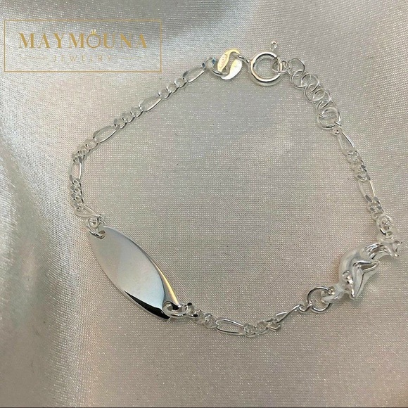925 Sterling Silver Tag & Dolphin Kids Bracelet - Picture 1 of 6